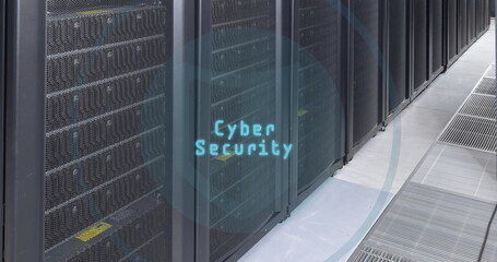 A server room displays 'Cyber Security' on the glass door