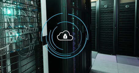 Image of cloud icon over data processing and server room