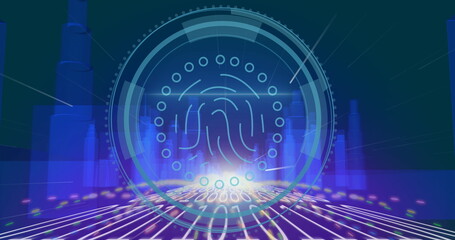 Image of fingerprint icon over data processing and city