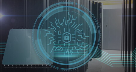 Image of padlock icon over data processing and server room