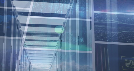 Image of digital screens over data processing and server room