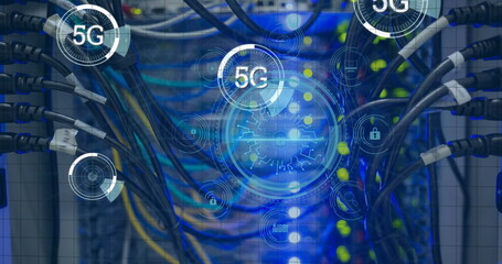 Image of 5g texts over data processing and server room