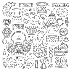 Tea, coffee and dessert elements in doodle style. Baking and sweets for your design. - 726228448