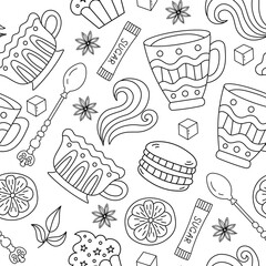 Seamless pattern with tea, coffee, pastries and sweets. Doodle style vector. - 726228472