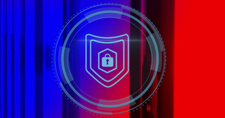 Image of padlock icon over data processing and server room