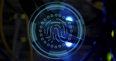 Image of fingerprint icon over data processing and server room