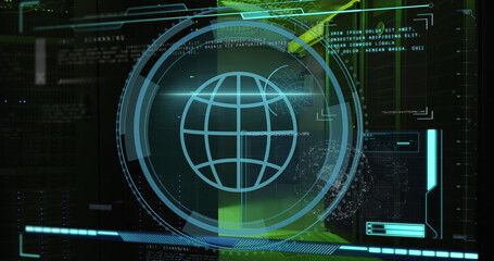 Image of globe icon over data processing and server room