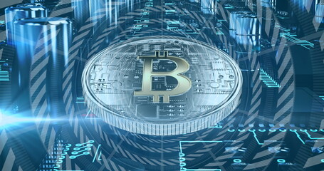 Image of data processing and bitcoin over computing board