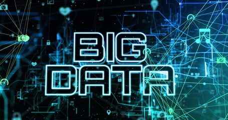 Image of big data text over data processing on black background