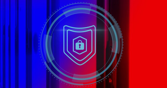 Image of padlock icon over data processing and server room