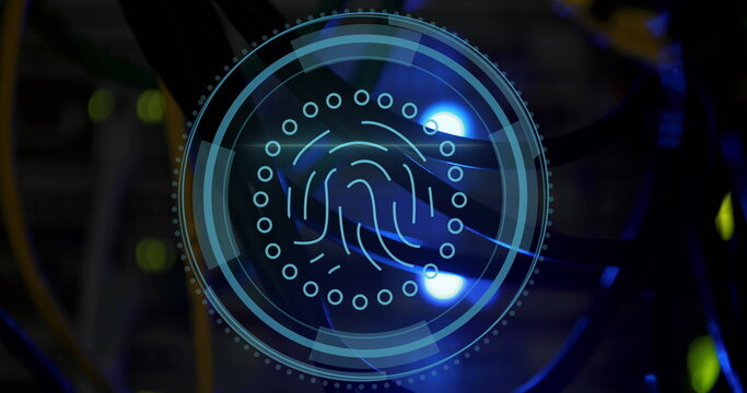Image of fingerprint icon over data processing and server room