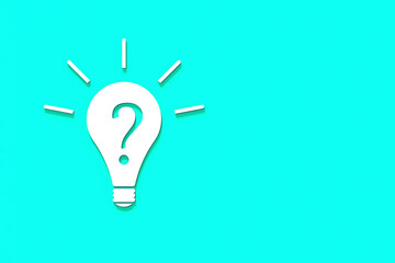 White light bulb with shadow on blue background. Illustration of symbol of lack of idea. Question mark. 3D image. 3D rendering. Horizontal image.