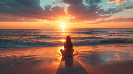 A lone woman enjoys a calm and relaxing ocean sunset on the beach. Great for a wanderlust summer vacation , generative ai