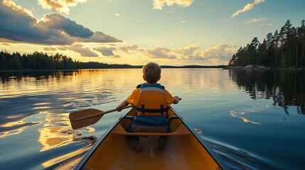 Boy canoeing on lake