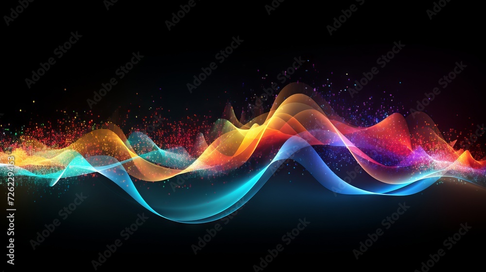 Poster abstract background of colorful glowing particles pulsing to the rhythm of sound waves. music visual