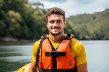 Portrait of a young man in a life jacket on a background of a mountain lake - obrazy, fototapety, plakaty