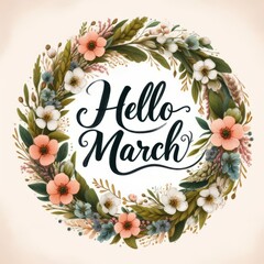 Hello March. Floral wreath with hand drawn lettering