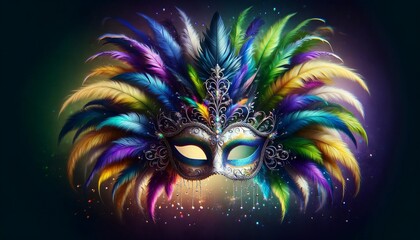 a vibrant masquerade mask adorned with an array of colorful feathers, including hues of blue, purple, green, yellow, and red