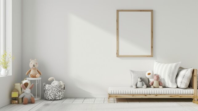 blank white picture frame mockup in a bright simple childrens room