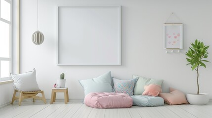 Fototapeta na wymiar blank white picture frame mockup in a bright simple childrens room