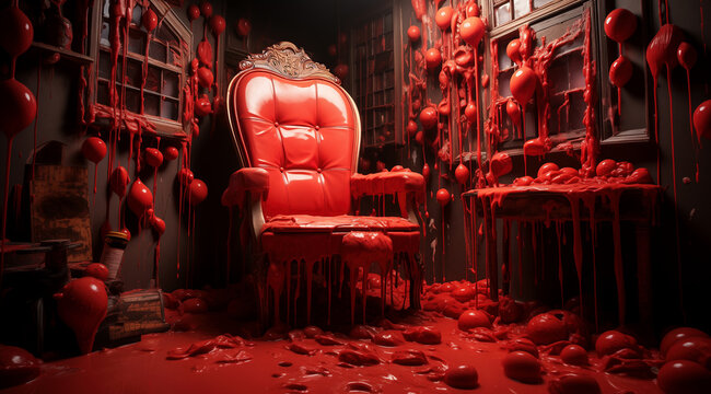 An armchair with a wood relief in a dark, distorted room covered with thick, caseous layers of blood-like matter on the walls and the floor.
