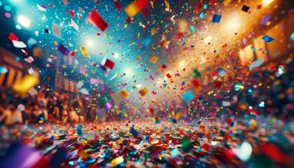 a multitude of colorful confetti pieces suspended in the air, capturing the essence of a festive and joyous celebration