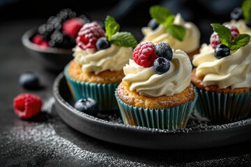 Delicious Cupcakes with Blueberries Raspberries and Mint