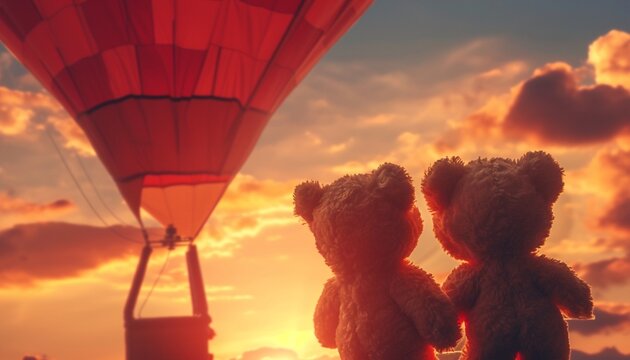 A close-up shot of two teddy bears holding hands while enjoying a hot air balloon ride against a breathtaking sunrise