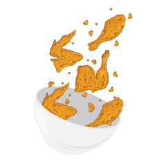 Vector illustration of levitation of crispy fried chicken in a bowl
