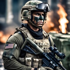 Male US military operator leader holding RPG, green face paint, full tactical gear, half body, waist up, burnt out city background