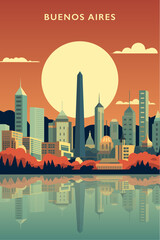 Buenos Aires Argentina retro city poster with abstract shapes of skyline, buildings at sunset or sunrise. Vintage travel vector illustration for Latin America