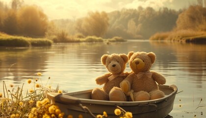 A charming 8k photograph capturing a teddy bear couple enjoying a boat ride on a peaceful lake