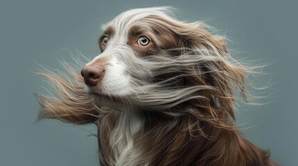 Naklejka premium A dog with long hair blowing in the wind in style of fashion editorial. Dog coat on dark background. Grooming