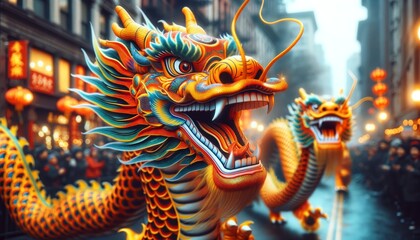 Fototapeta premium a vibrant colorful dragon as seen in traditional Chinese parades