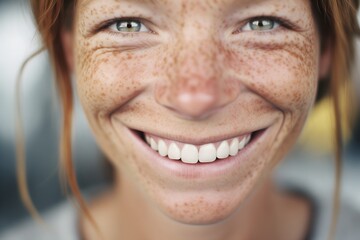 closeup of a models freckled face smiling at the camera