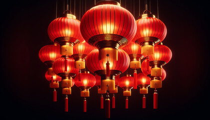 A collection of vibrant red Chinese lanterns hanging closely together