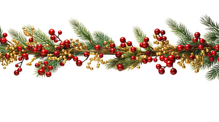 Festive Christmas wreath of fresh natural spruce branches with red holly berries isolated on transparent background