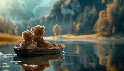 A charming 8k photograph capturing a teddy bear couple enjoying a boat ride on a peaceful lake