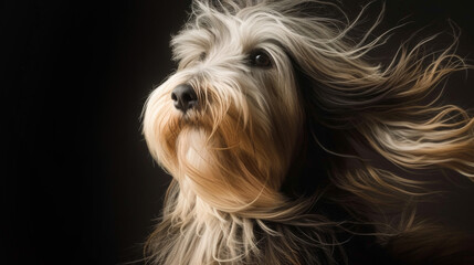 Naklejka na ściany i meble A dog with long hair blowing in the wind in style of fashion editorial. Dog coat on dark background. Grooming