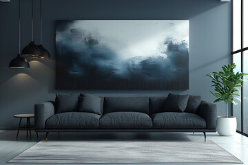 A sleek and minimalist black and white living room with a modern sofa and abstract art. Created with generative AI.