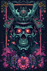 mockup t-shirt design that illustrates a cyborg skull onimusha commander, in a Japanese-style