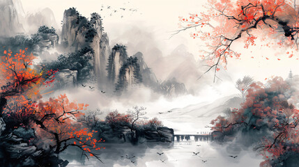 Chinese style Oriental ink paintingInk