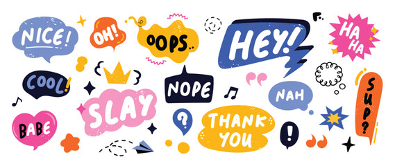 Set of doodle and speech bubble vector. Collection of contemporary figure, speech bubble with text, flower, heart, crown in funky groovy style. Chat design element perfect for banner, print, sticker. - obrazy, fototapety, plakaty