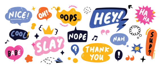 Foto op Plexiglas Set of doodle and speech bubble vector. Collection of contemporary figure, speech bubble with text, flower, heart, crown in funky groovy style. Chat design element perfect for banner, print, sticker. © TWINS DESIGN STUDIO