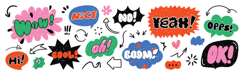 Set of doodle and speech bubble vector. Collection of contemporary figure, speech bubble with text, arrow in funky groovy style. Chat design element perfect for banner, print, sticker. - 726233411