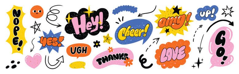 Set of doodle and speech bubble vector. Collection of contemporary figure, speech bubble with text, arrow, star, heart in funky groovy style. Chat design element perfect for banner, print, sticker.