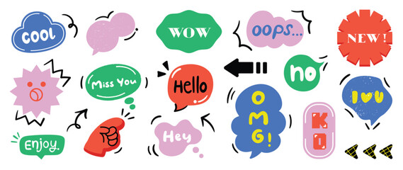 Set of doodle and speech bubble vector. Collection of contemporary figure, speech bubble with text, arrow, hand in funky groovy style. Chat design element perfect for banner, print, sticker.
