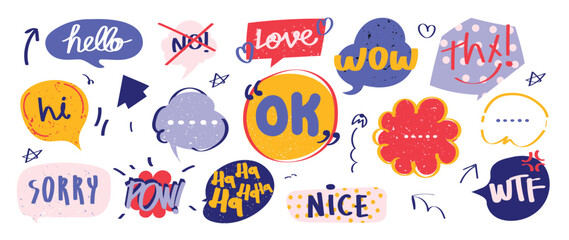 Set of doodle and speech bubble vector. Collection of contemporary figure, speech bubble with text, arrow, star, heart in funky groovy style. Chat design element perfect for banner, print, sticker.