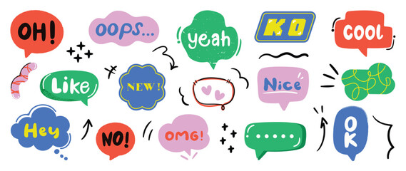 Set of doodle and speech bubble vector. Collection of contemporary figure, speech bubble with text, arrow, heart in funky groovy style. Chat design element perfect for banner, print, sticker.