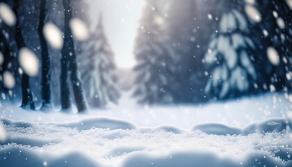 Winter and Christmas snow background with snowdrifts and snow-covered blurry forest